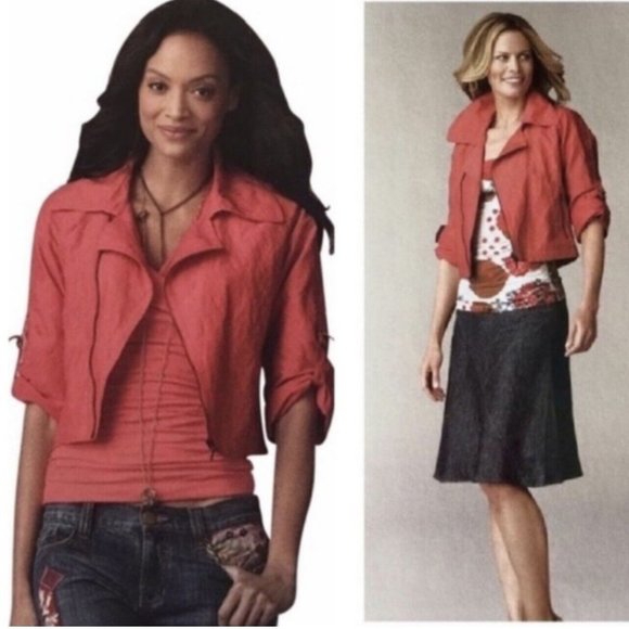 CAbi Women's Size Medium Spring Coral Moto Style Jacket Rolled Sleeves - Picture 2 of 10